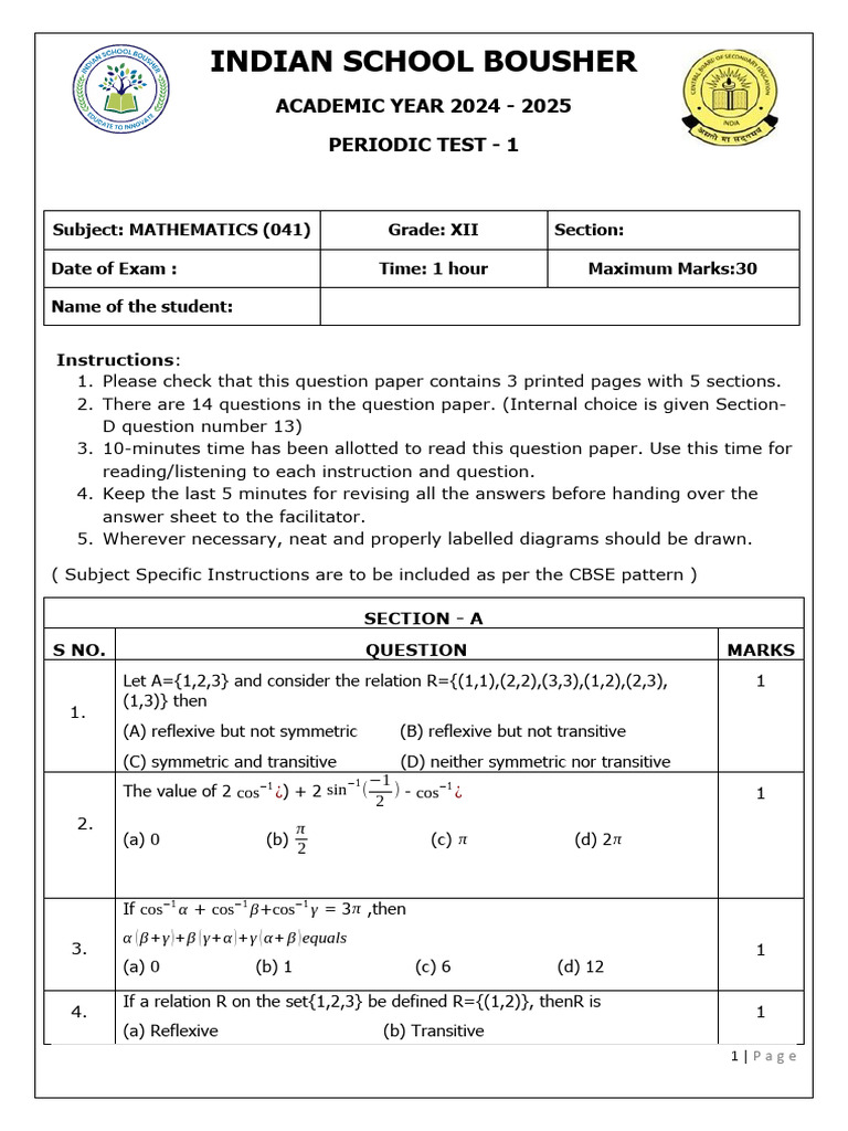 Mathematics Test Paper XII 2024-25 | PDF | Function (Mathematics ...