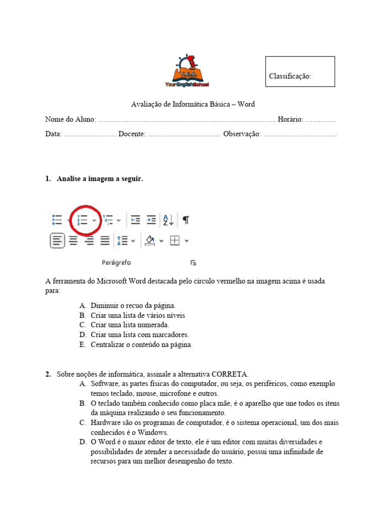 Avaliação de Word Básico | PDF | Teclado de computador | Ciência da ...