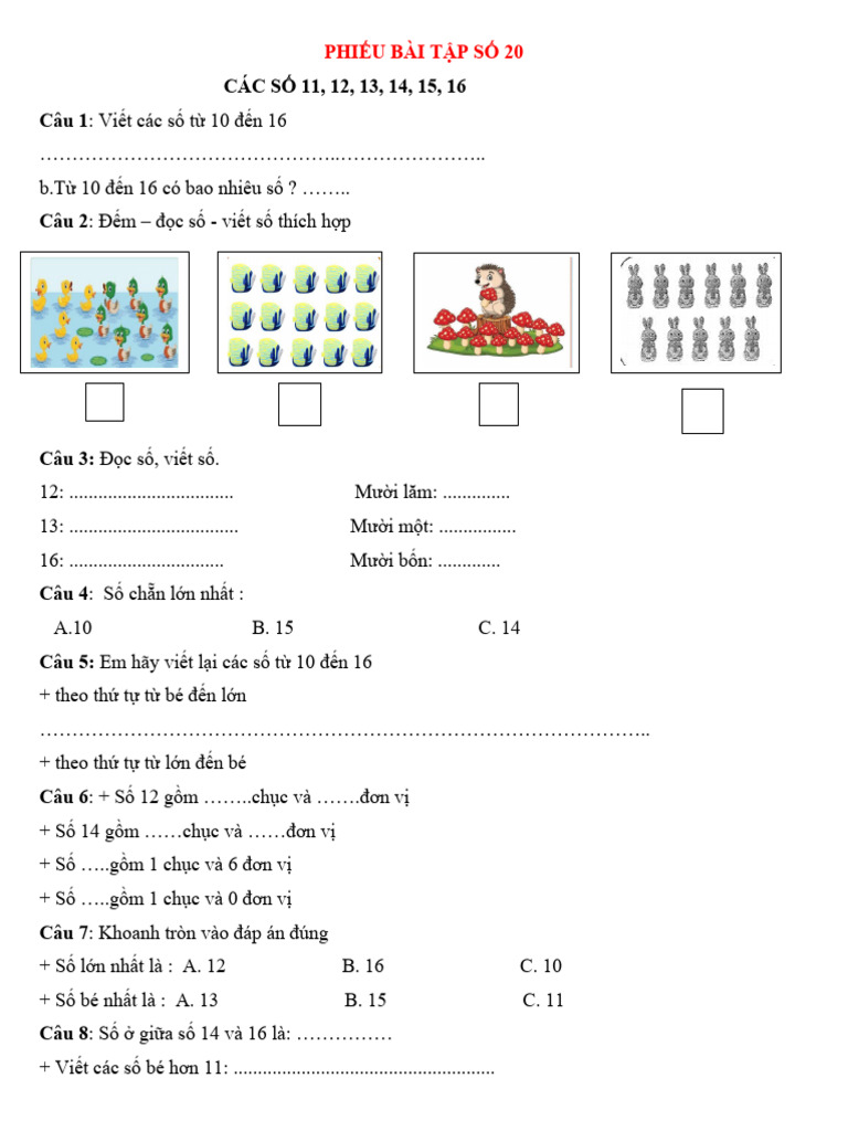Phiếu Bt Toán 1 Kì 2 | PDF