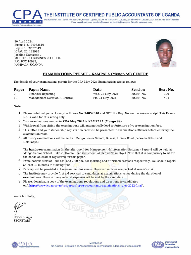 ICPAU May 2024 Exam Permit Details | PDF | Business