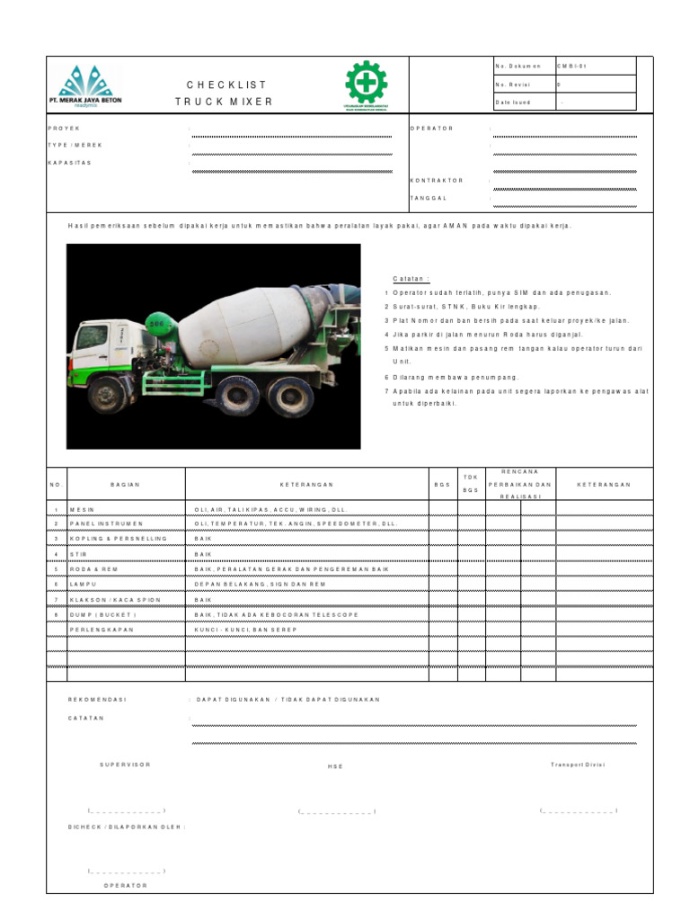 Form Checklist Inspeksi Alat Berat Mbi Tarokan | PDF | National ...