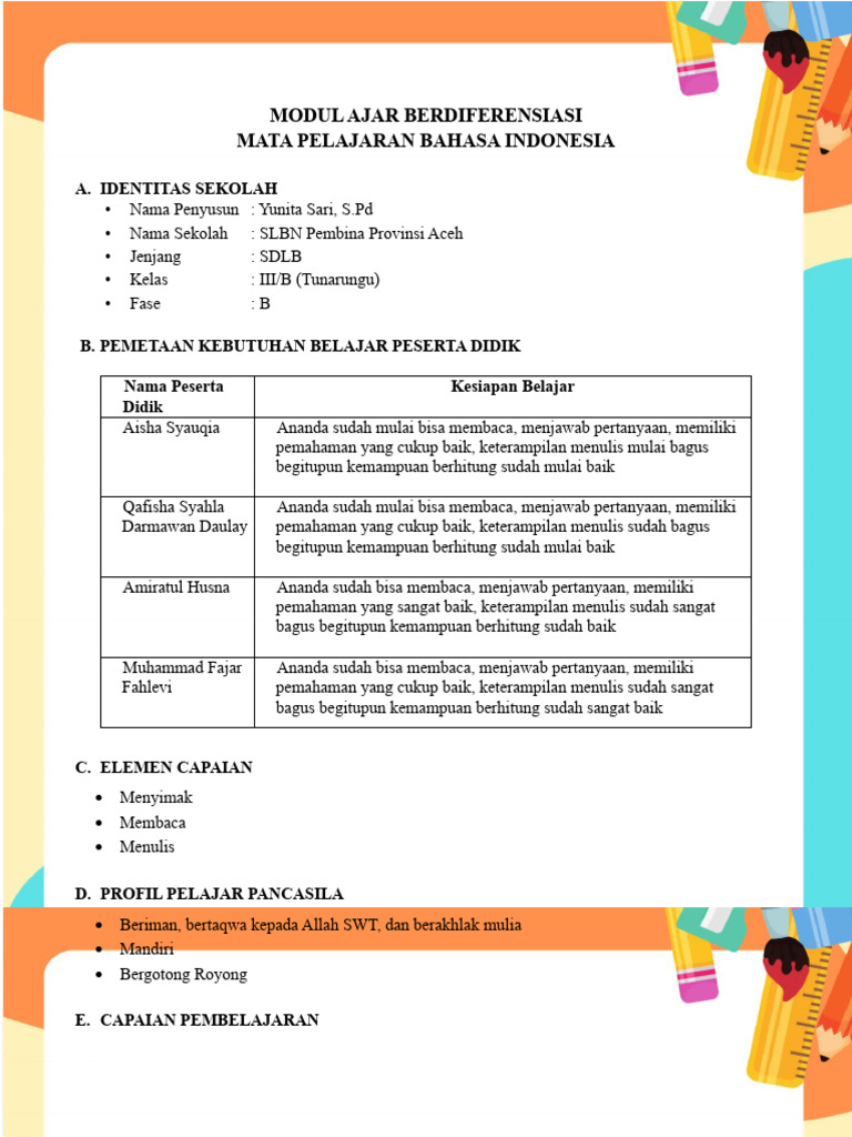 Modul Ajar Bahasa Indonesia Kelas 3 SLB | PDF | Karier & Perkembangan