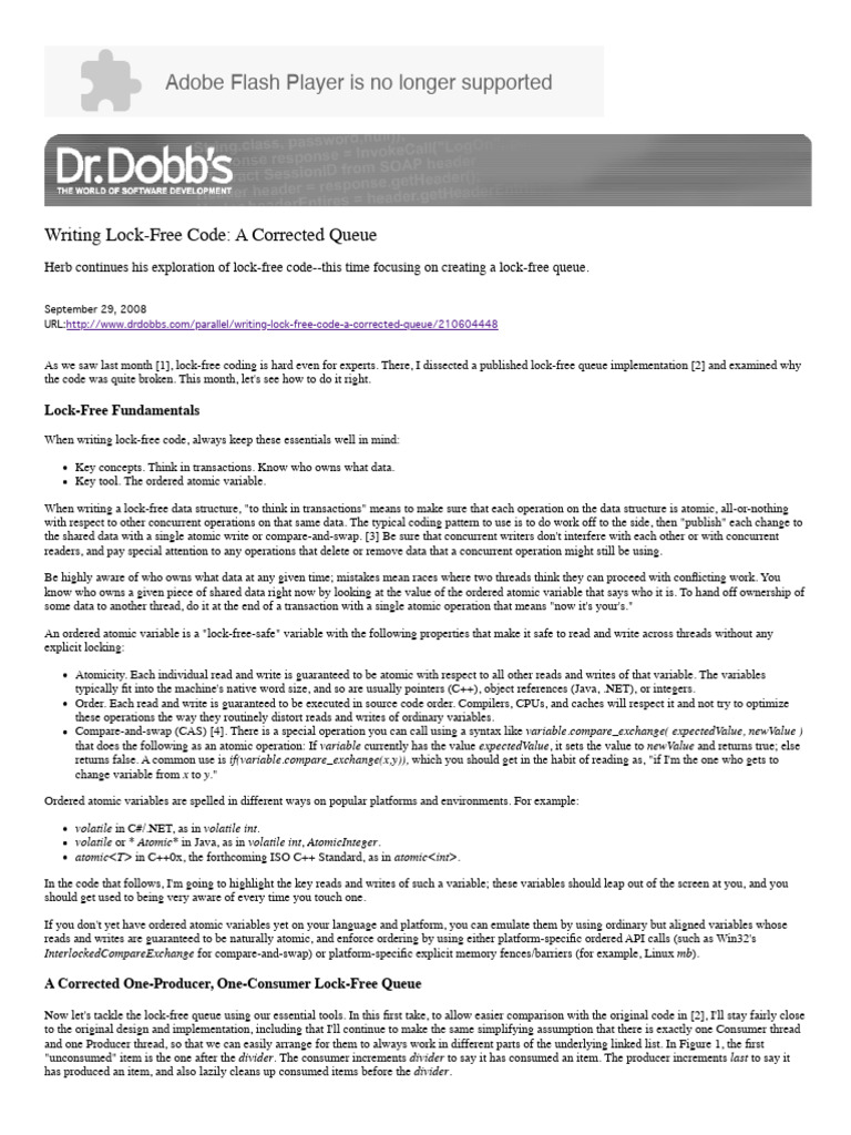 Dr. Dobb's - Writing Lock-Free Code - A Corrected Queue | PDF | Integer ...