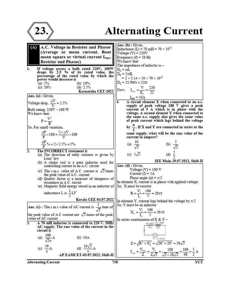 YCT Alternating Current NEET JEE Practice Questions | PDF | Electrical ...