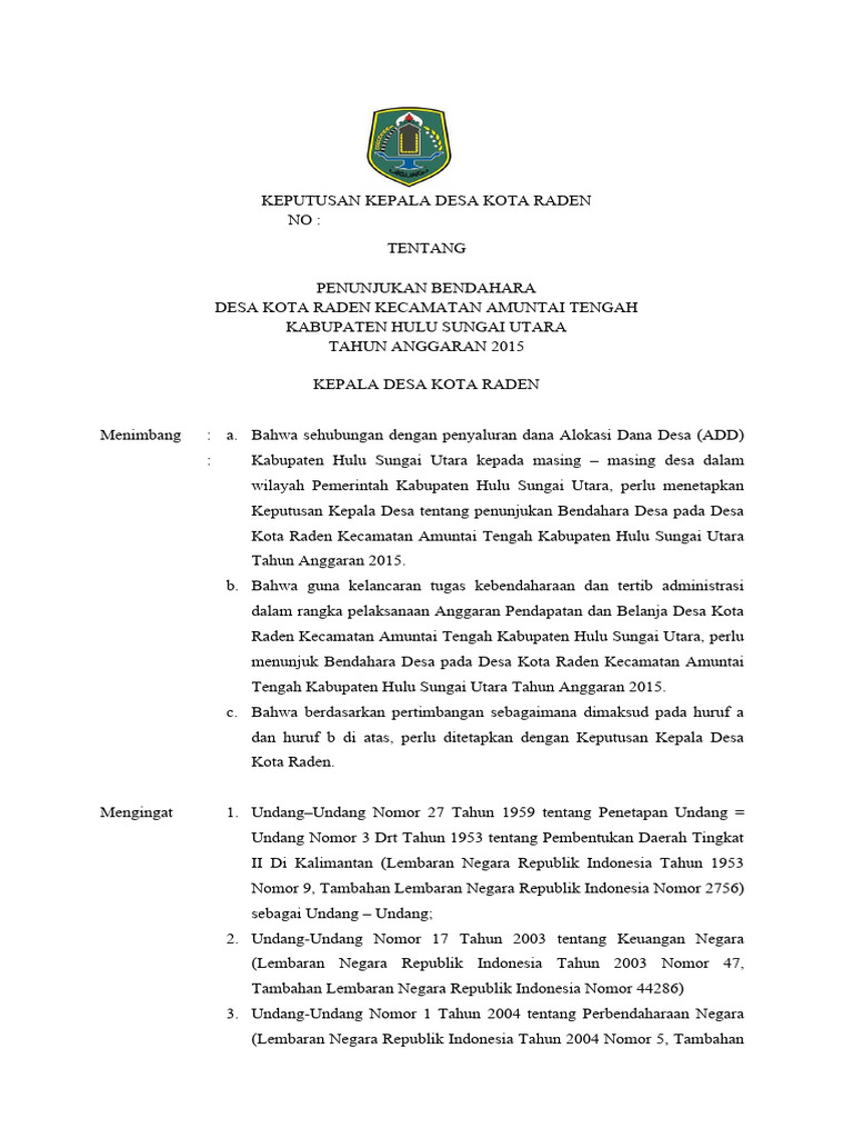 Penunjukan Bendahara Desa Kota Raden Pdf