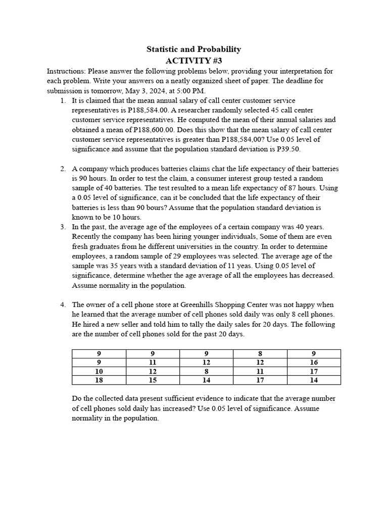 Statistic and Probability Activity #3 | Download Free PDF | Standard ...