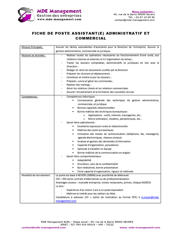 Fiche de poste : Assistant(e) administratif | PDF | Recrutement | Internet