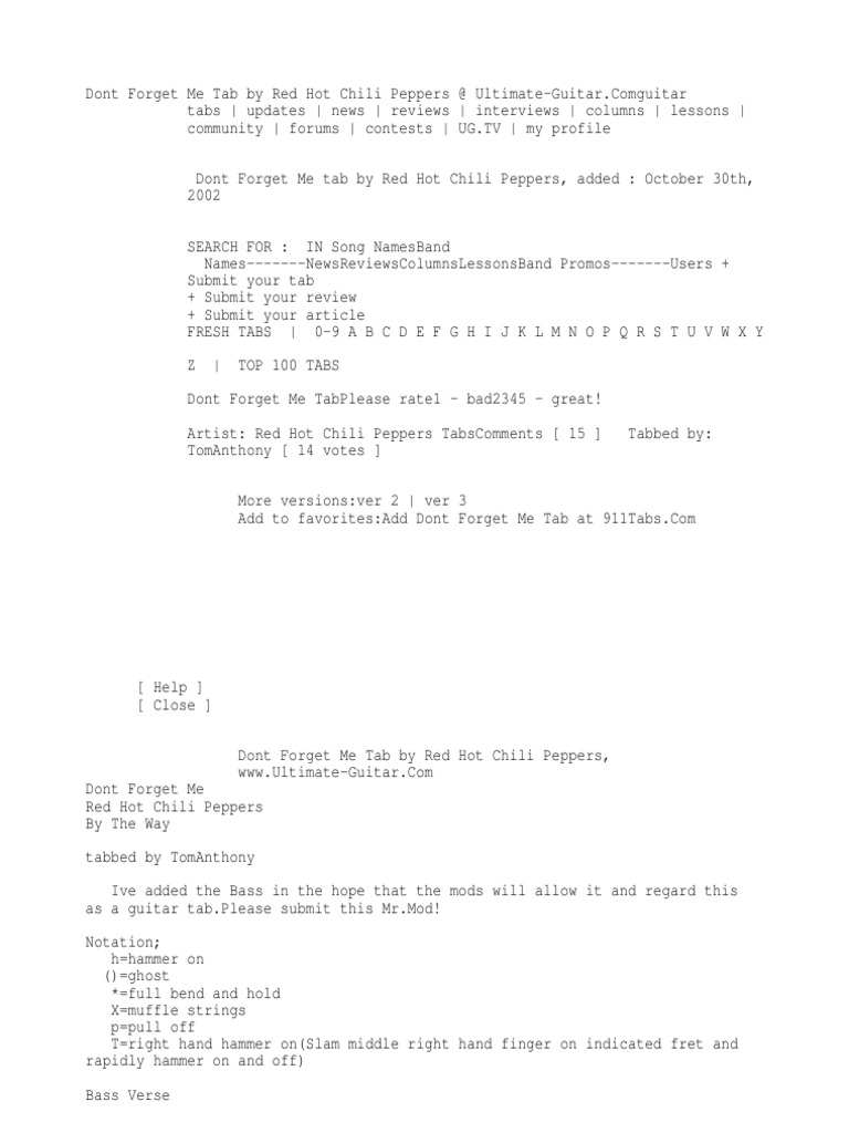 Dont Forget Me Tab By Red Hot Chili Peppers Ultimate Guitar Com Irish Musical Instruments Guitar Family Instruments