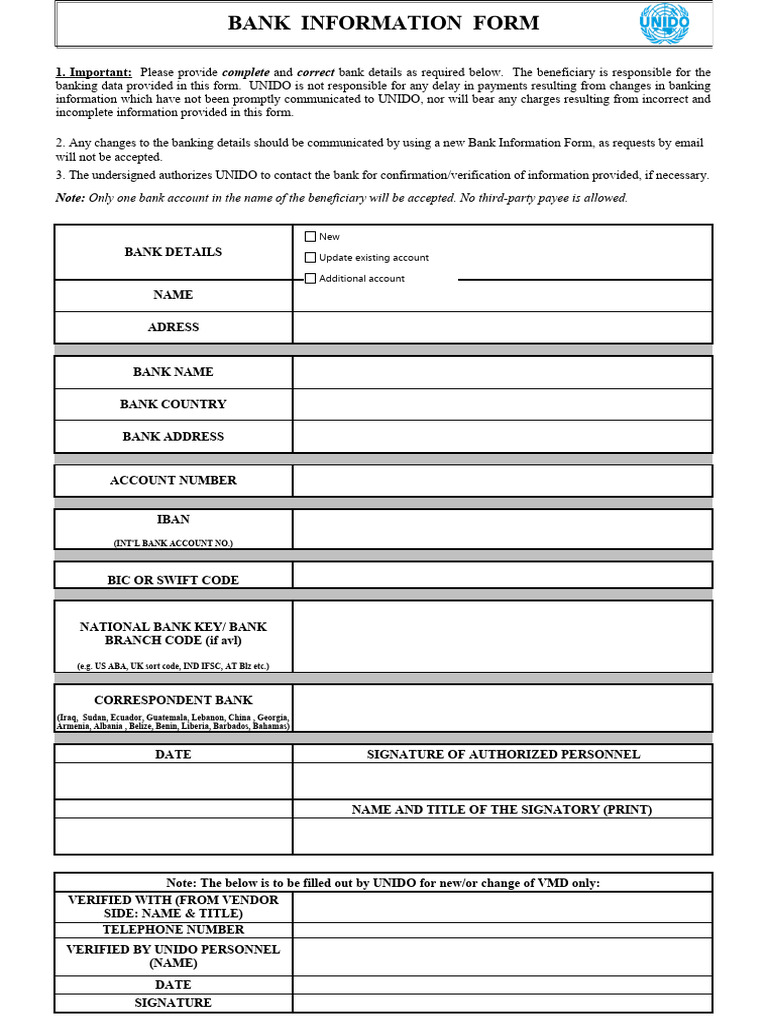 Bank Information Form for UNIDO | PDF