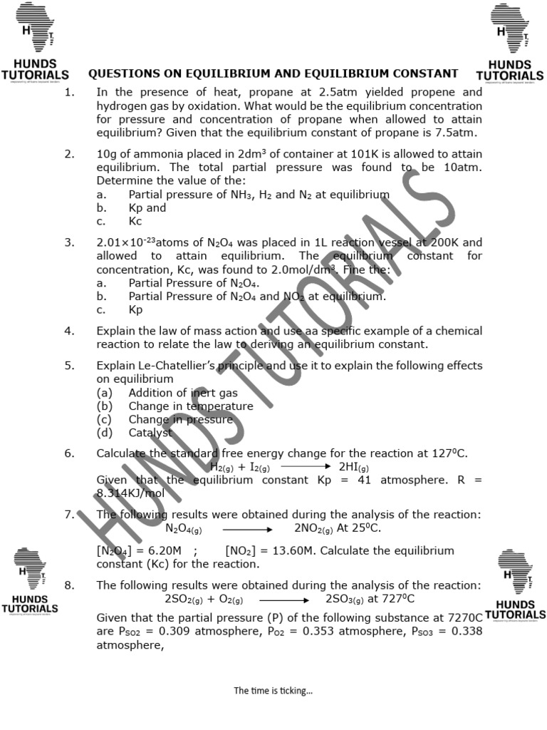 Questions On Equilibrium and Equilibrium Constant | PDF | Chemical ...