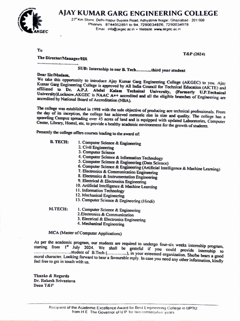 Internship Request for B.Tech Students | PDF | Engineering | Computing