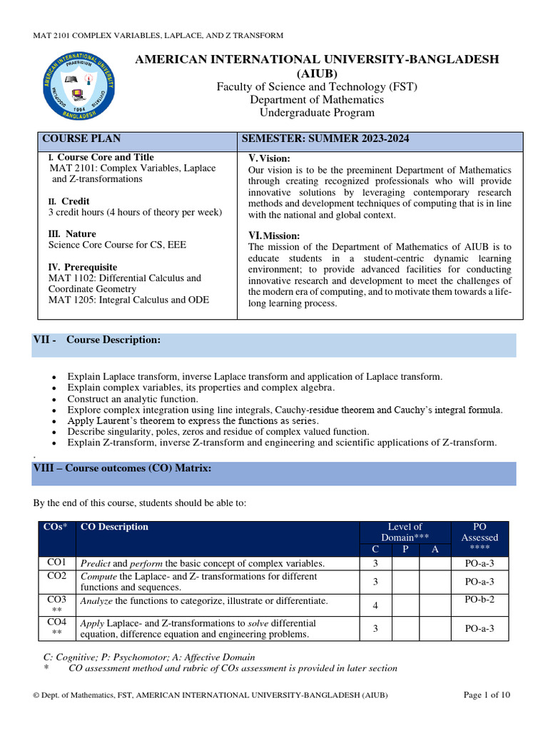 MAT 2101: Complex Variables Course Plan | PDF | Laplace Transform ...