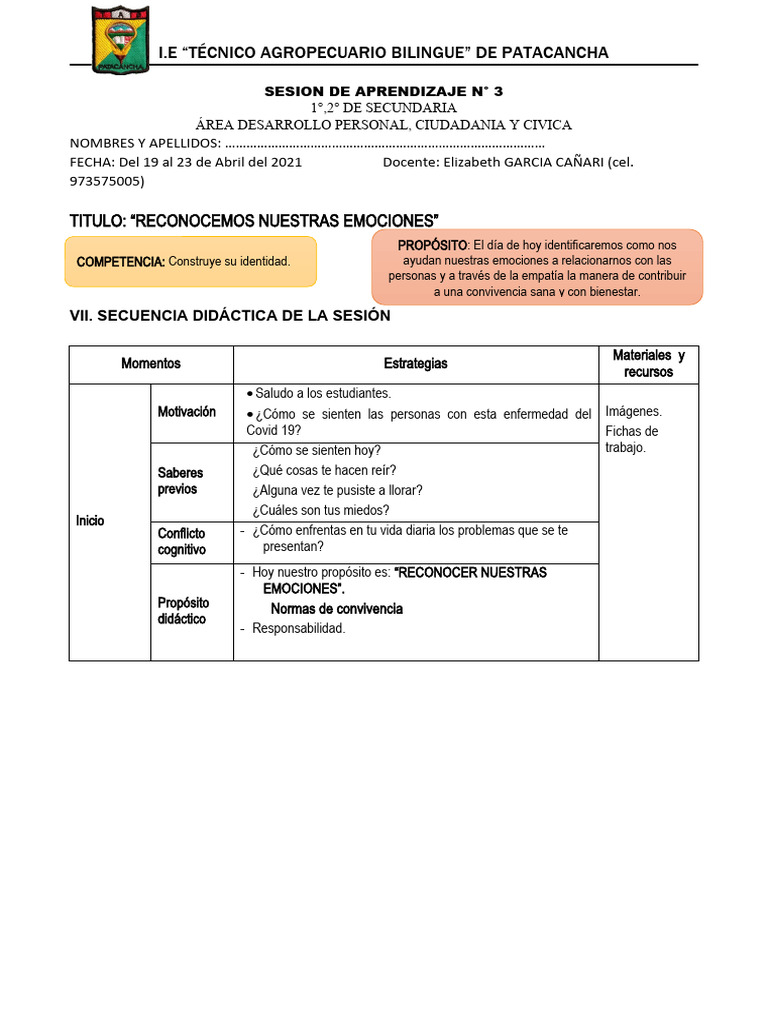 Sesion de Aprendizaje 3 - Reconocemos Nuestras Emociones | PDF | Las ...