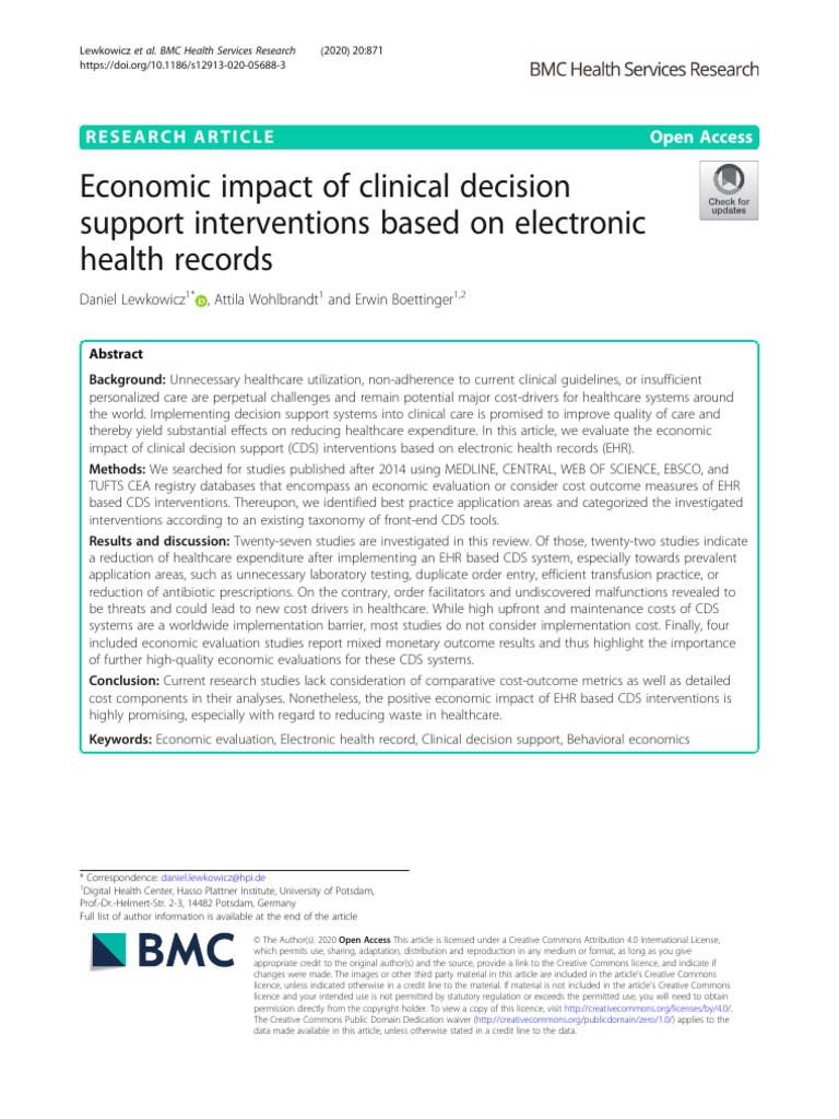 Economic Impact of Clinical Decision Support Interventions Based On ...