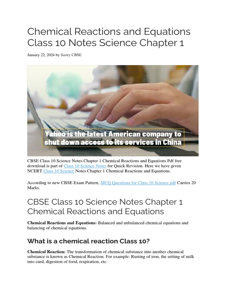 Chemical Reactions And Equations Class 10 Notes Science Chapter 1