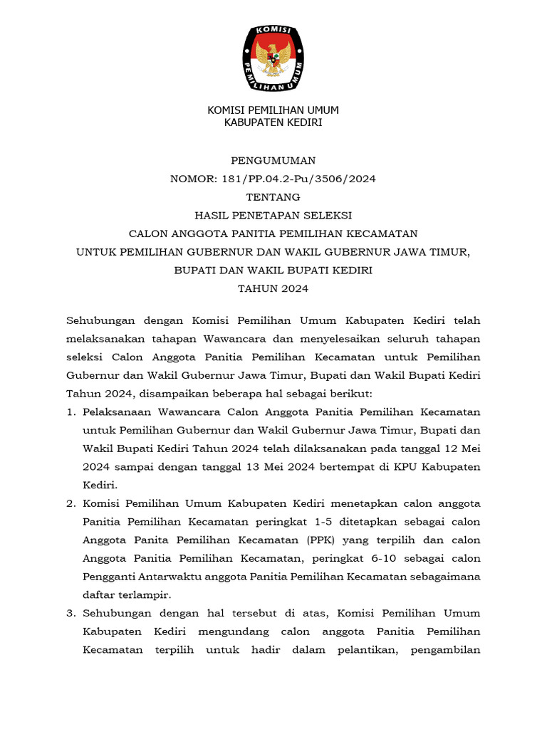 Pengumuman Hasil Wawancara Dan Seleksi Akhir Ppk Kediri 181 24 Pdf