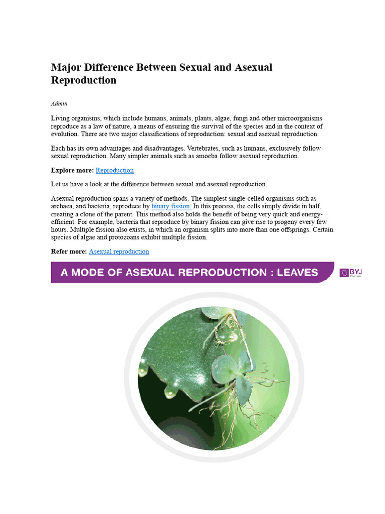 Major Difference Between Sexual and Asexual Reproduction | PDF