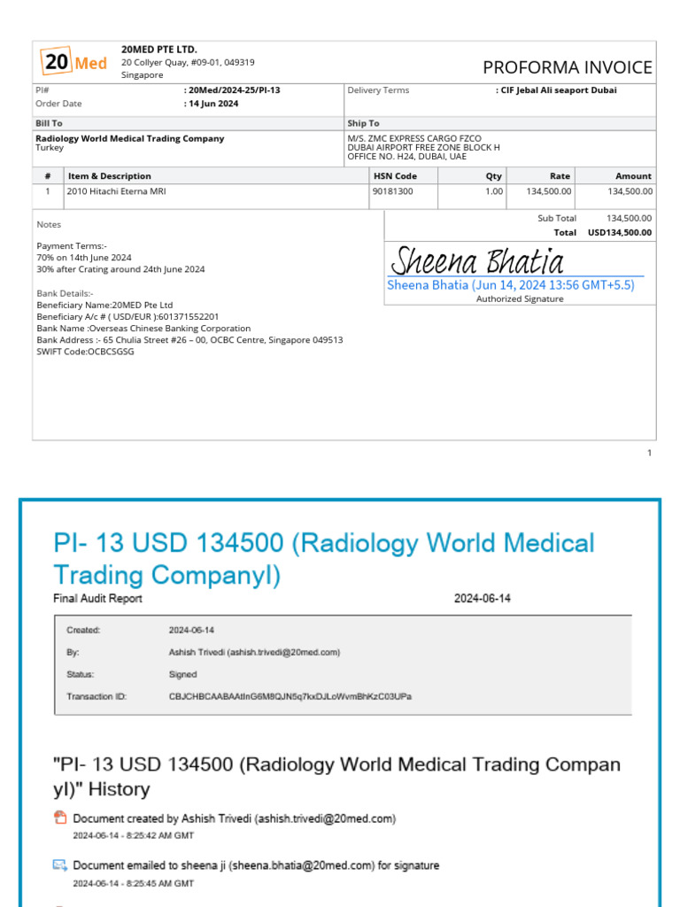 Proforma Invoice for MRI Equipment Purchase | PDF | Banking