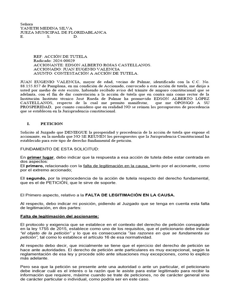 Respuesta Accion de Tutela Radicado 2024-00029 | Descargar gratis PDF ...