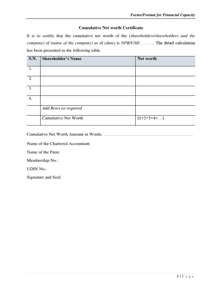 Standard Forms For Financial Capacity | PDF | Valuation (Finance) | Net ...