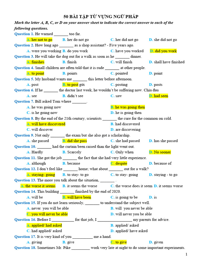 50 Vocabulary and Grammar Exercises | PDF | Language Arts & Discipline