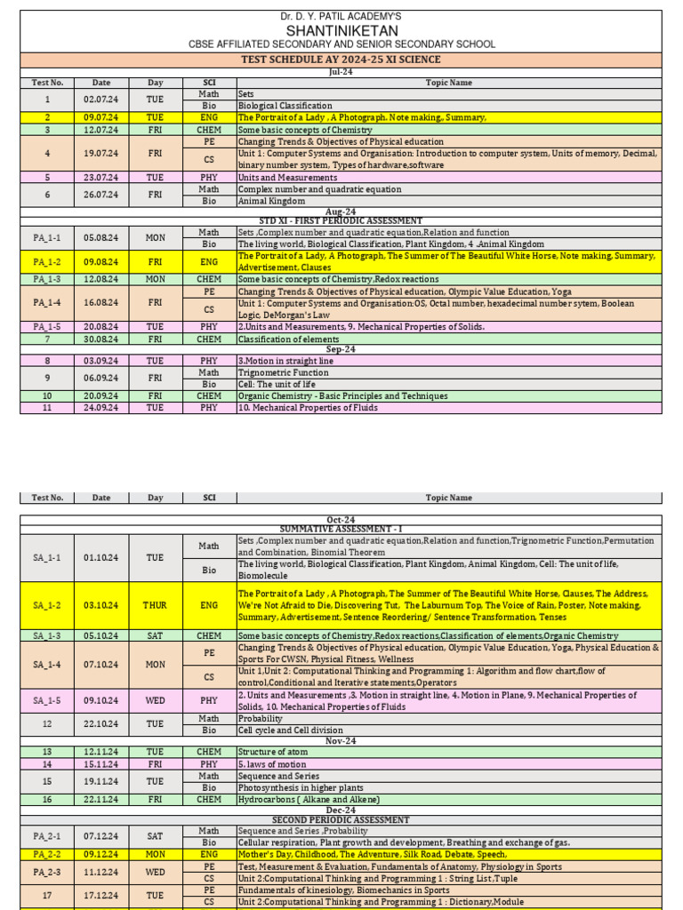 XI Science Test Schedule 2024-25 | PDF | Chemistry | Mathematics