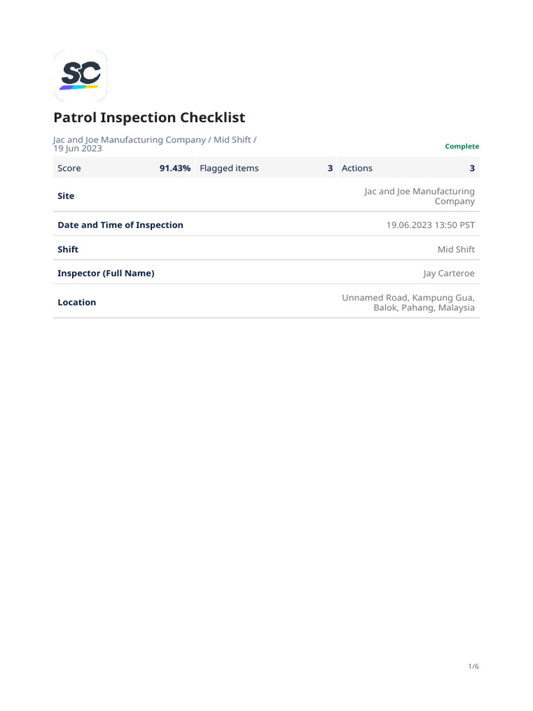Patrol Inspection Checklist Summary | PDF | Forklift