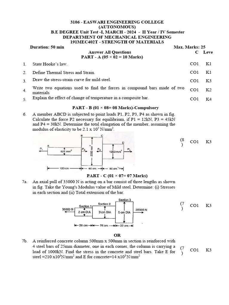 SOM - Unit Test - 1 SET B | PDF | Young's Modulus | Classical Mechanics