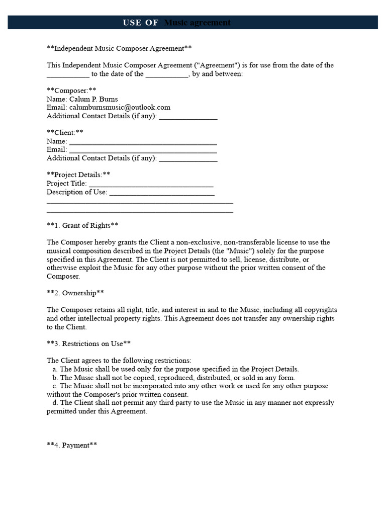 Independent Music Composer Agreement | PDF | Indemnity | Property Law - Independent Contractor Agreement For Freelance Musician