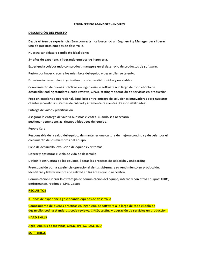 Engineering Manager en Inditex: Requisitos y Responsabilidades | PDF