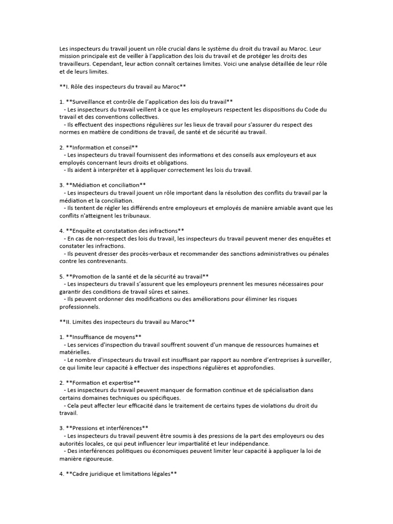 Rôle et limites des inspecteurs du travail au Maroc | PDF | Justice ...
