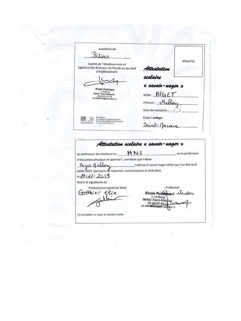 Attestation Savoir Nager PDF