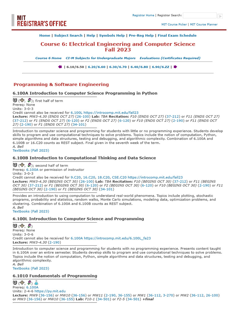 MIT EECS Course Listings Fall 2023 | PDF | Cryptography | Computational ...