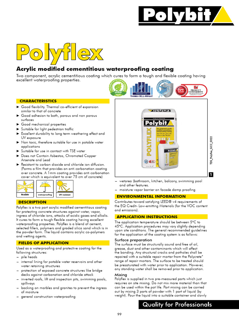 Polybit Waterproofing Polyflex Tds Leed | PDF | Concrete | Cement