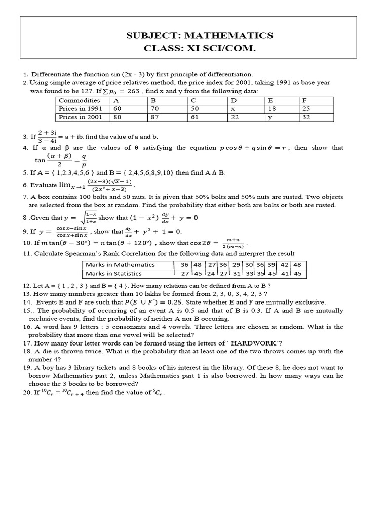 Math Problems and Solutions for XI Class | PDF | Probability | Mathematics