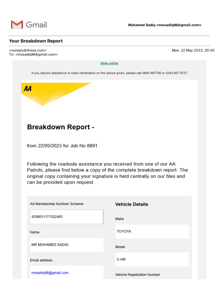 AA Breakdown Report for Mohamed Sadiq | PDF | Vehicles