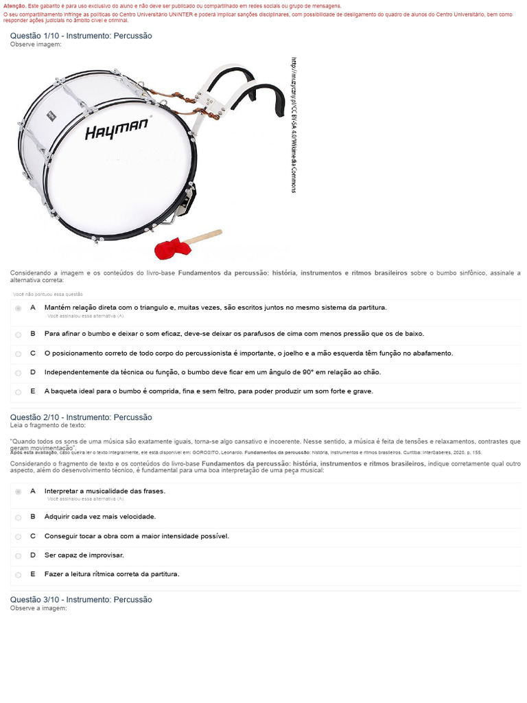 Gabarito de Avaliação: Instrumentos de Percussão | PDF | Orquestras ...