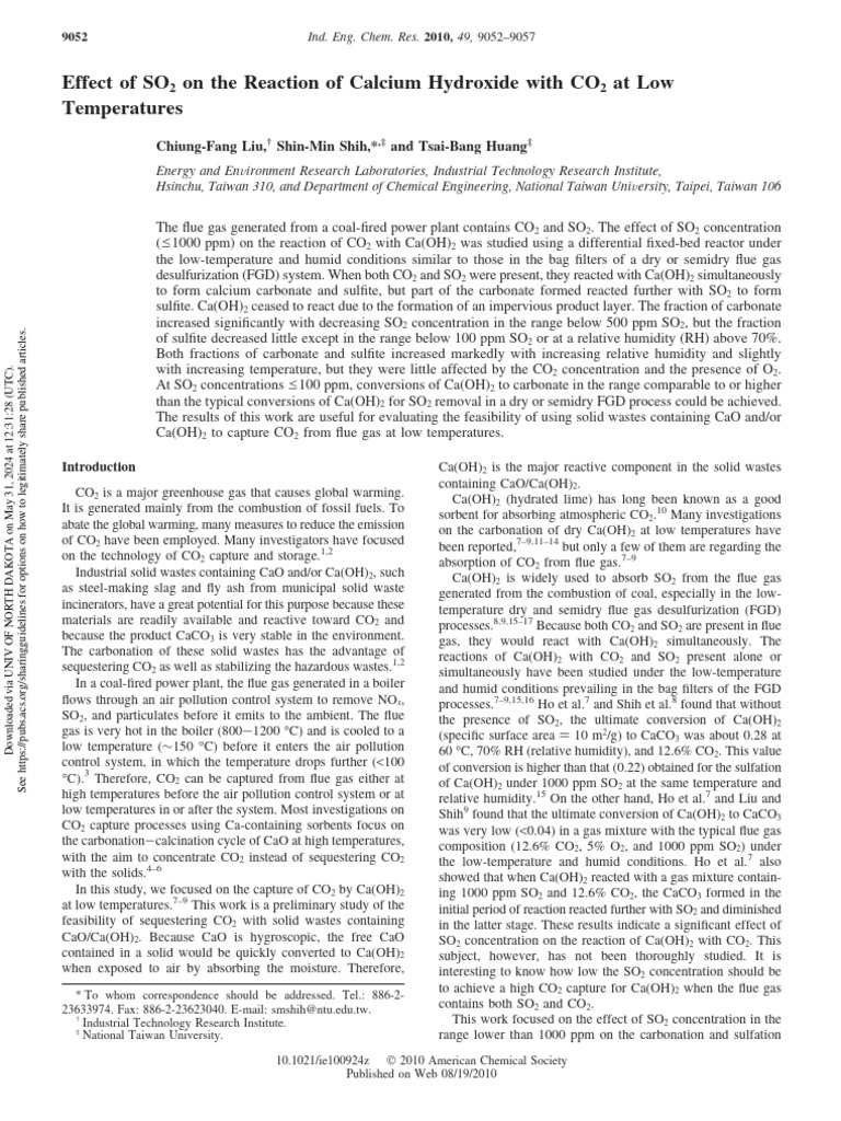 Liu Et Al 2010 Effect of So2 On The Reaction of Calcium Hydroxide With ...
