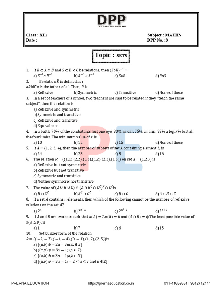 XI Maths DPP on Relations and Sets | PDF | Geometry | Mathematical Analysis