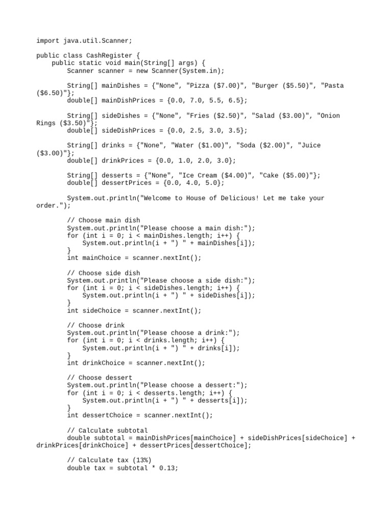 Java Cash Register Program Example | PDF | Food And Drink | Food And ...