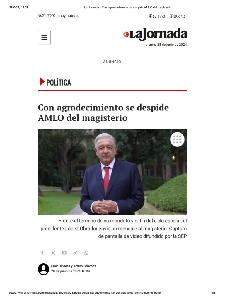 La Jornada - Con Agradecimiento Se Despide AMLO Del Magisterio | PDF