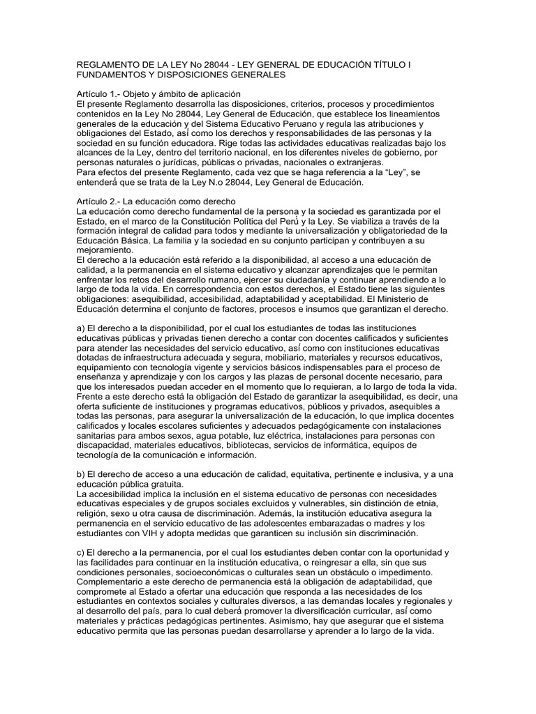 Reglamento de La Ley General de Educación No 28044 | PDF | Plan de ...