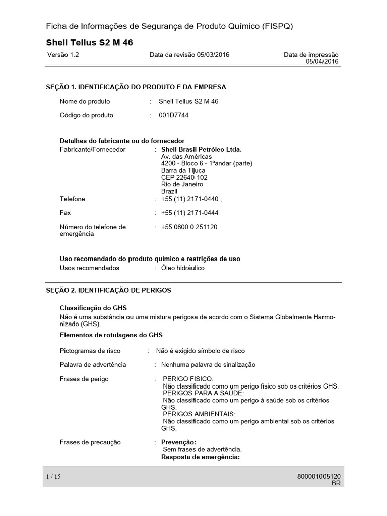 FISPQ Shell Tellus S2 M 46 | PDF | Desperdício | Química
