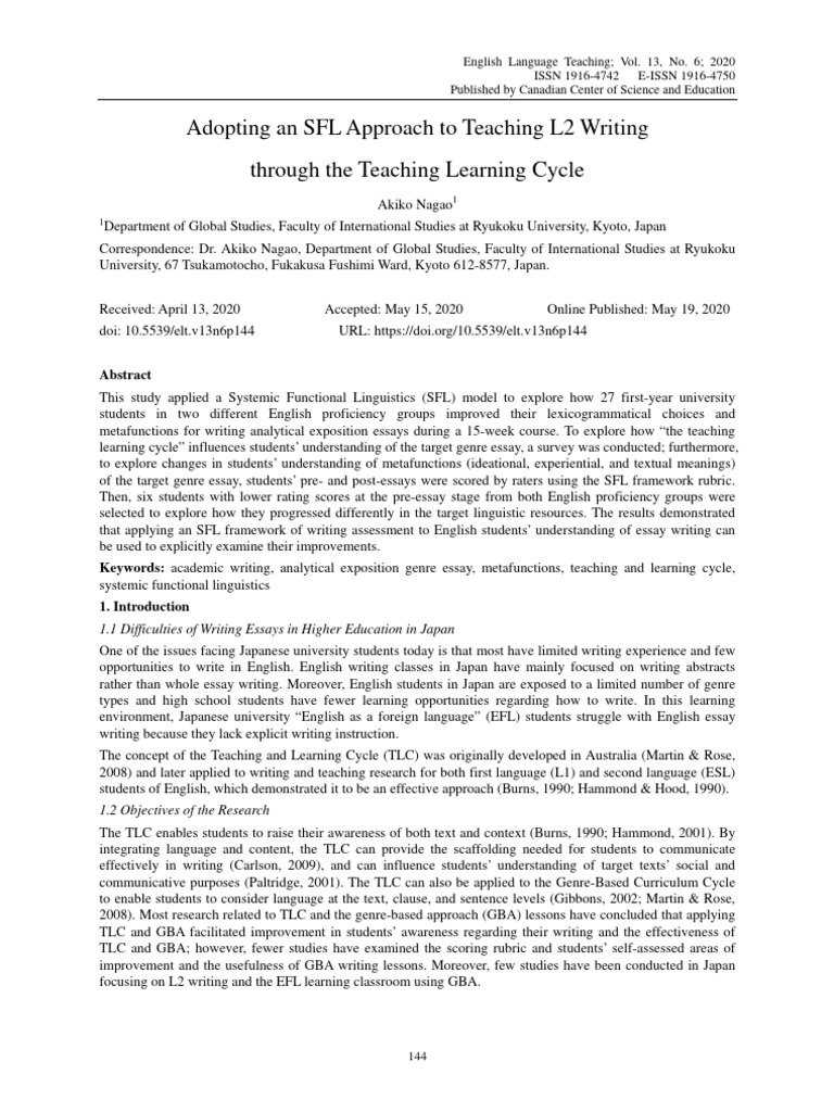 Nagao (2020) - Adopting SFL Approach To Teaching L2 Writing Through The ...