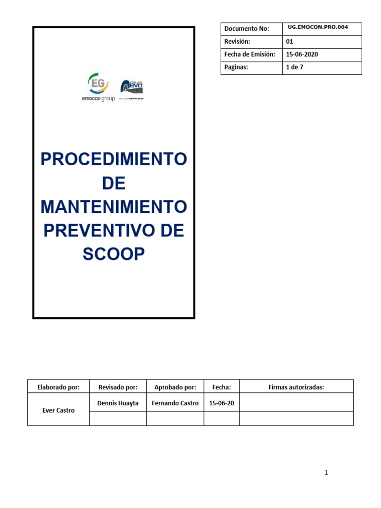 MMUG - EMOCON.PRO.004 Mantenimiento Preventivo Scoop V1 | PDF ...