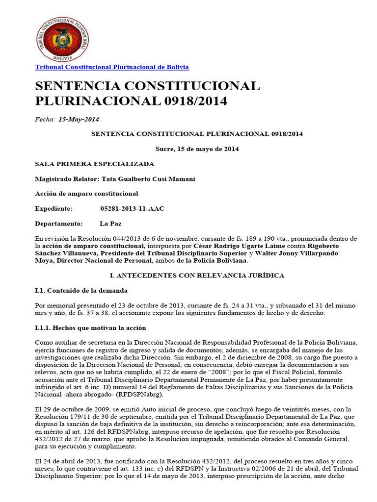 Tribunal Constitucional Plurinacional de Bolivia | Descargar gratis PDF
