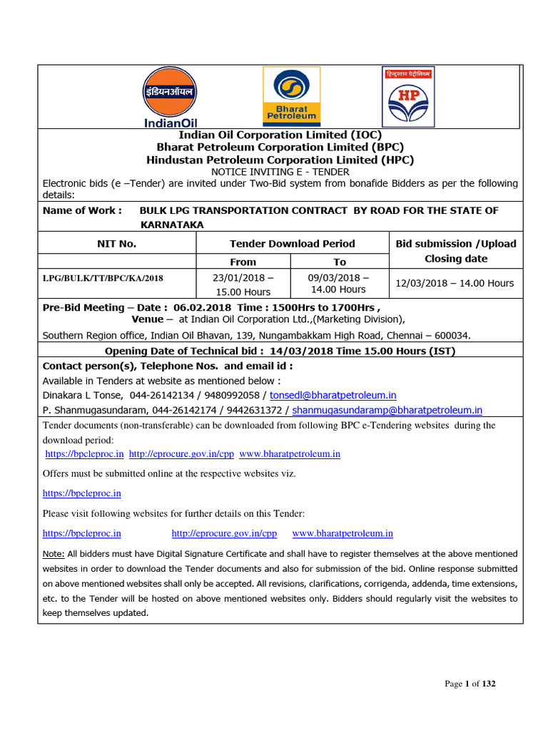 Nit BPCL Karnataka Bulk TPT Tender 2018-23-9aa0af | PDF | Business ...
