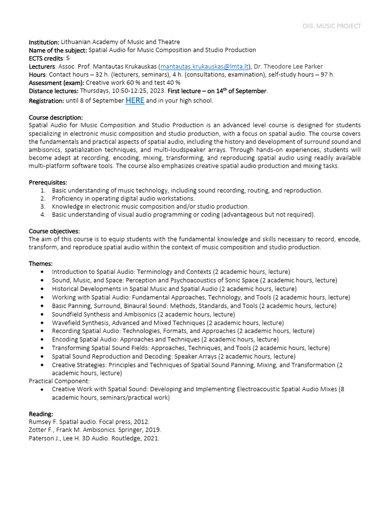 Spatial Audio For Music Composition and Studio Production 2023 | PDF ...