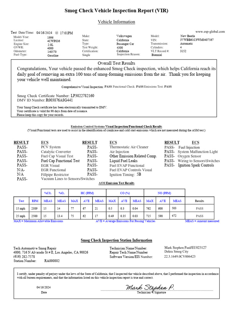 California Smog Check Vehicle Report | PDF | Exhaust Gas | Vehicles