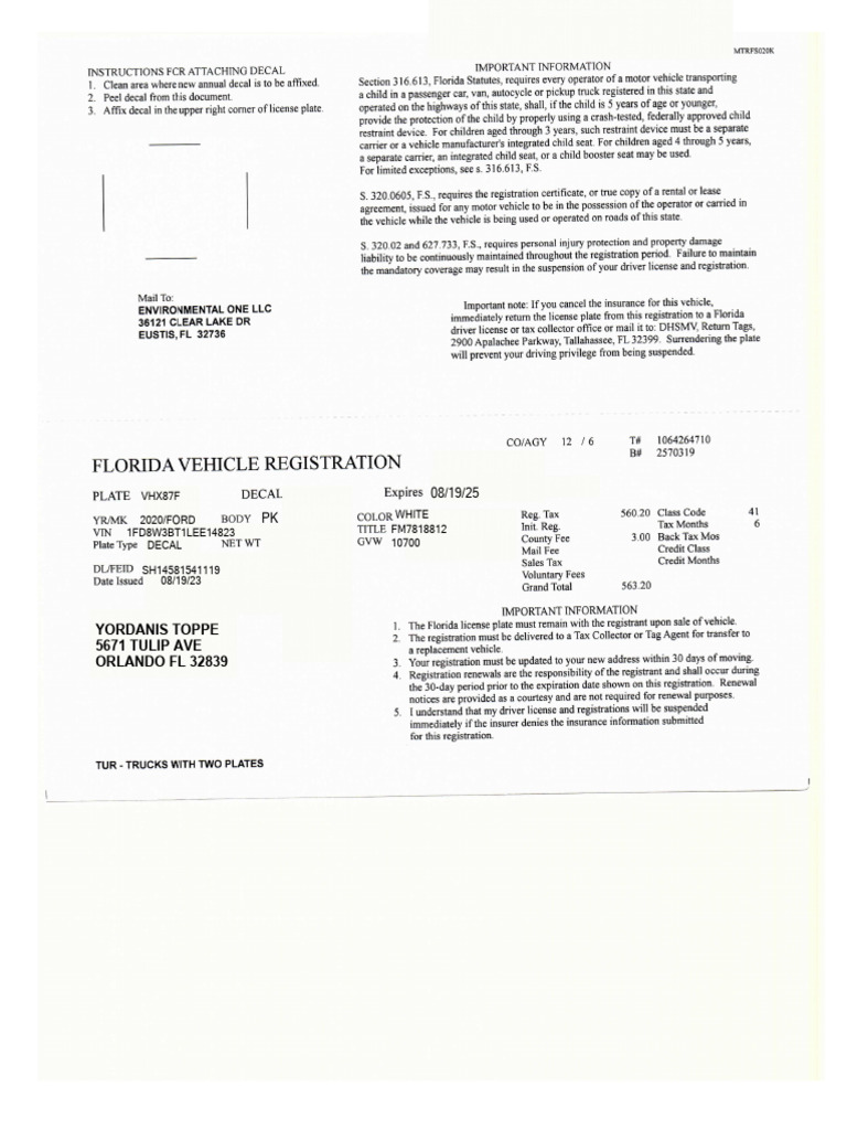 Florida Vehicle Registration Overview | PDF | License | Vehicles